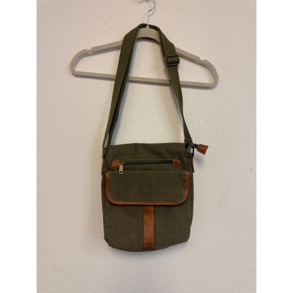 Cargoit Olive Green Canvas Crossbody Messenger Bag Brown Trim Adjustable Strap